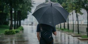 skats no aizmugures ar gudru cēloņsakarību vīrieti, kurš tur lietussargu un staigā pa parku lietainā pilsētas pilsētā
