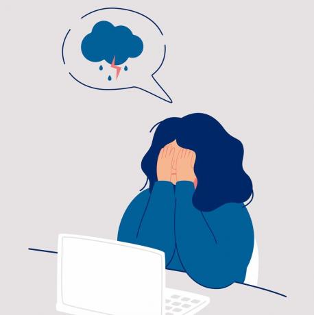 jauna sieviete raud, aizsedzot seju ar rokām, sēžot zem lietaina un vētraina mākoņa meitene jūt galvassāpes un depresiju raud emocijas skumjas vektora ilustrācija izolēta no balta fona
