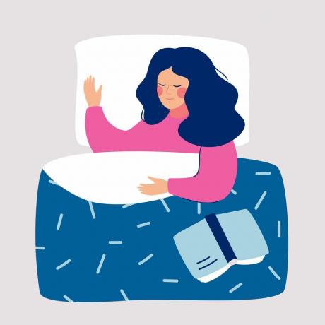 sieviete, kas guļ naktī savā gultā ar atvērtas grāmatas vektora ilustrāciju