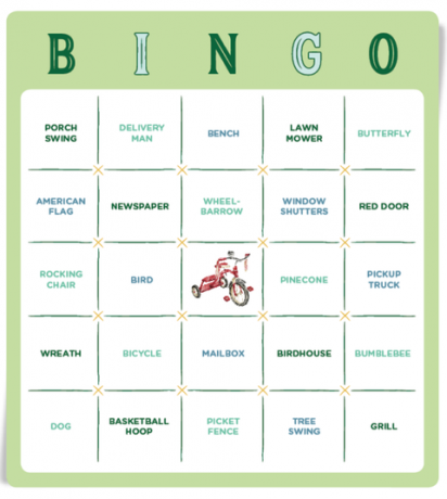 bingo spēle ar dažādām lietām, ko pamanīt apkārtnē, sākot ar sarkanām durvīm un beidzot ar koku šūpolēm