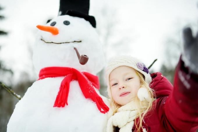 Burvīga maza meitene būvē sniegavīru skaistā ziemas parkā. Jauks bērns spēlējas sniegā.