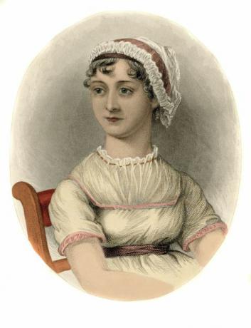 Džeina Ostina. Angļu rakstnieces Džeinas Ostinas portrets 1775-1817. Gravēšana, 1870. gads.