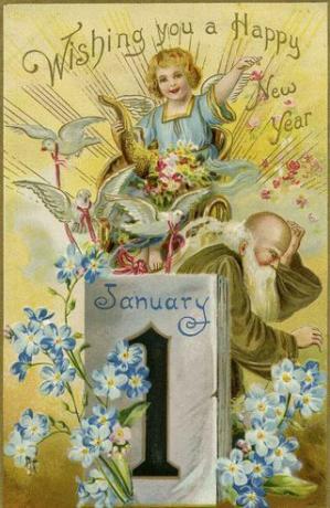 ilustrācija jaungada pastkartei ar vecā tēva laiku un mazuļa jauno gadu ar kalendāru, kas rāda 1. janvāri
