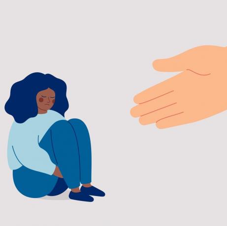 cilvēka roka palīdz skumjai melnādainajai sievietei atbrīvoties no satraukuma konsultants atbalsta afroamerikāņu meiteni ar psiholoģiskām problēmām