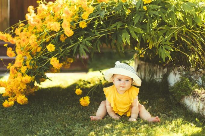 meitenīte saules cepurē sēž dārzā zem liela dzeltena ziedu krūma