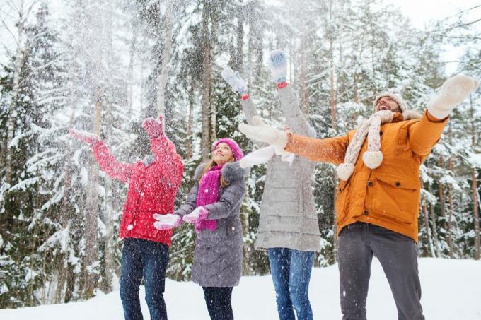 smaidošu vīriešu un sieviešu grupa ziemas mežā